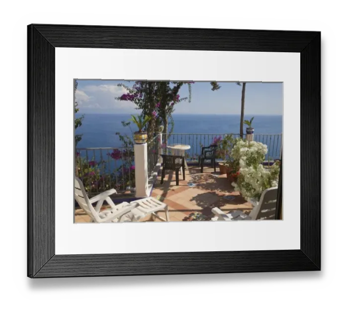 Framed Print : Balcony with sunloungers overlooking sea, Ravello, Italy Framed Print : Balcony with sunloungers overlooking sea, Ravello, Italy