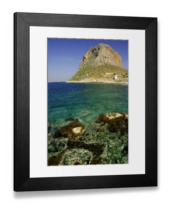 Framed Print : Europe, Greece, Peloponnese, Monemvasia. The Rock of Monemvasia set against the clear Aegean Sea Framed Print : Europe, Greece, Peloponnese, Monemvasia. The Rock of Monemvasia set against the clear Aegean Sea
