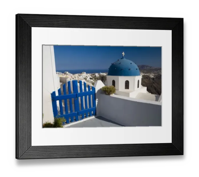 Framed Print : Greece and Greek Island of Santorini from the small town of Imerovigli with blue
