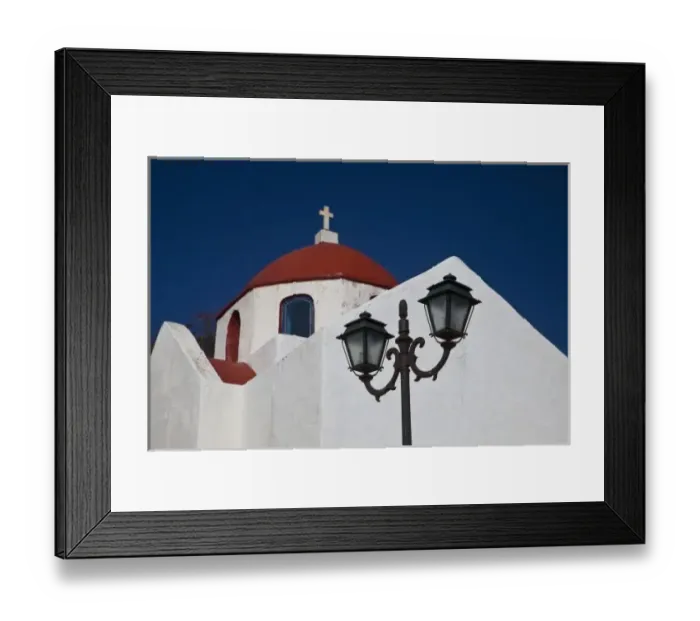 Framed Print : Greece, Mykonos, Chapel with red dome and streetlight in the interior of the island Framed Print : Greece, Mykonos, Chapel with red dome and streetlight in the interior of the island