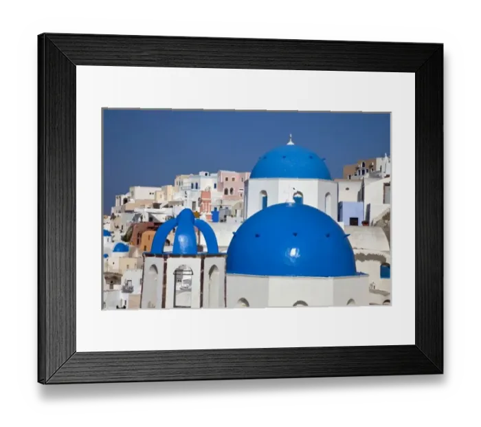 Framed Print : Greece, Santorini. Bell tower and blue domes of church in village of Oia Framed Print : Greece, Santorini. Bell tower and blue domes of church in village of Oia