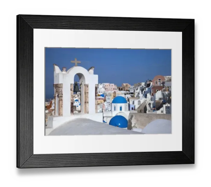 Framed Print : Greece, Santorini. Bell tower and blue domes of church in village of Oia Framed Print : Greece, Santorini. Bell tower and blue domes of church in village of Oia