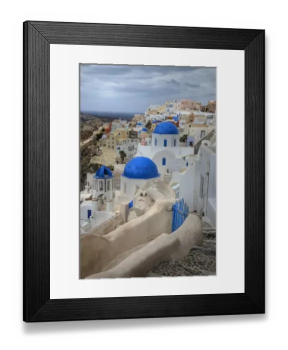 Framed Print : Greece, Santorini. Bell tower and blue domes of church in village of Oia Framed Print : Greece, Santorini. Bell tower and blue domes of church in village of Oia