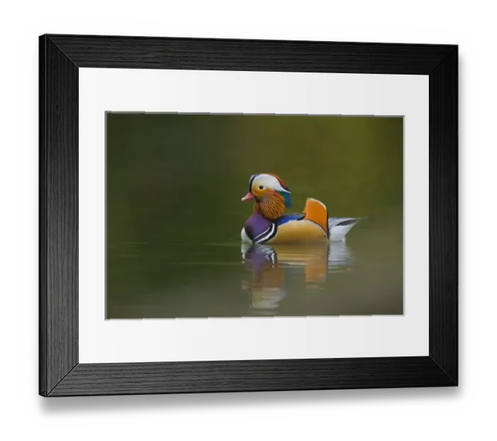 Framed Print : Wild Mandarin Duck (Aix galericulata) on dark green lake, UK Framed Print : Wild Mandarin Duck (Aix galericulata) on dark green lake, UK