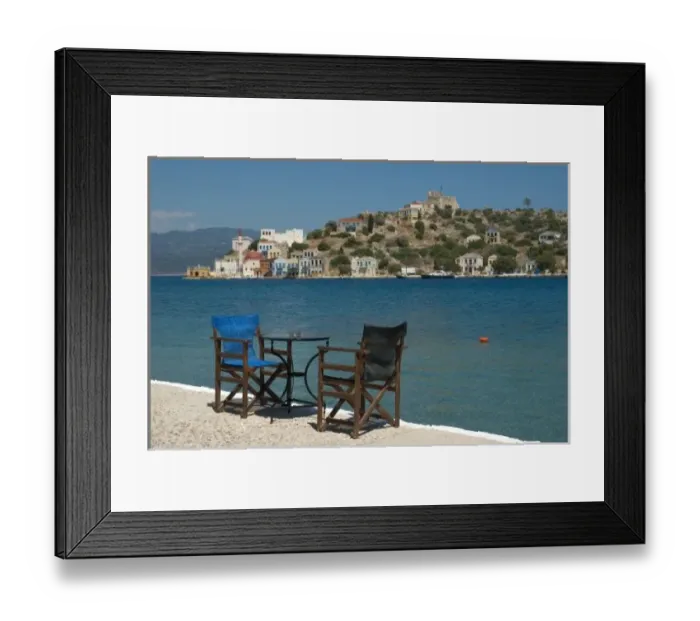 Framed Print : Europe, Greece, Kastellorizo: chairs on the edge of Kastellorizo harbour Framed Print : Europe, Greece, Kastellorizo: chairs on the edge of Kastellorizo harbour