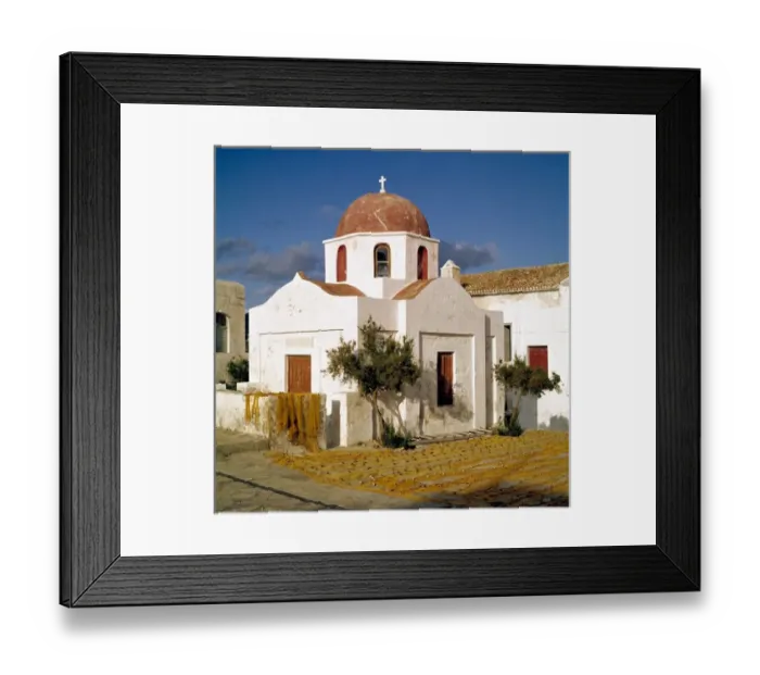 Framed Print : Europe, Greece, Mykonos. Fishing nets dry on the chapel wall on the island of Mykonos, Greece Framed Print : Europe, Greece, Mykonos. Fishing nets dry on the chapel wall on the island of Mykonos, Greece