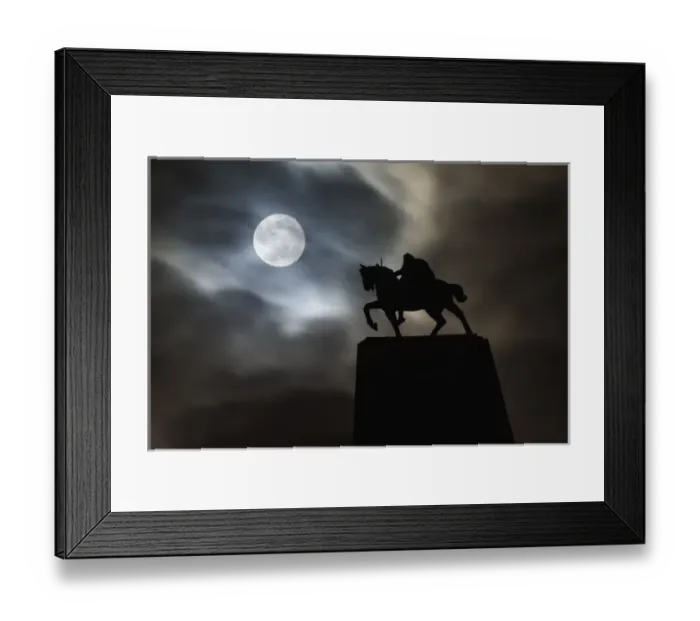 Framed Print : Statue of King Kralja Tomislava silhouetted against full moon, Zagreb, Croatia (Digital Framed Print : Statue of King Kralja Tomislava silhouetted against full moon, Zagreb, Croatia (Digital
