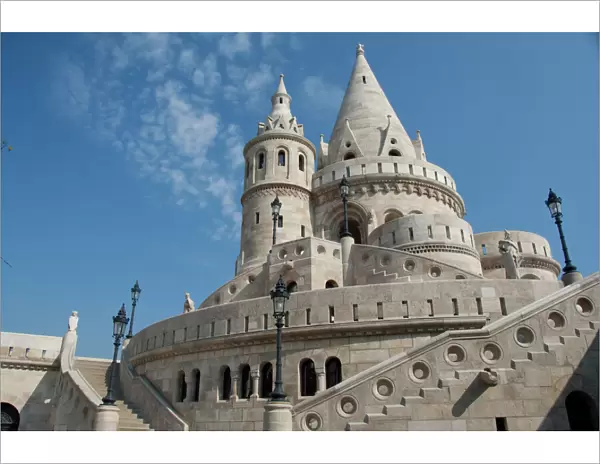 Hungary, capital city of Budapest. Buda, Castle Hill, castle towers of the Fishermens Bastion