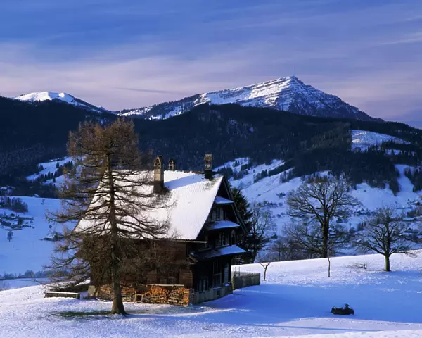 Farm house and Mount Rigi and Pilatus, Oberaegeri, Zug, Switzerland