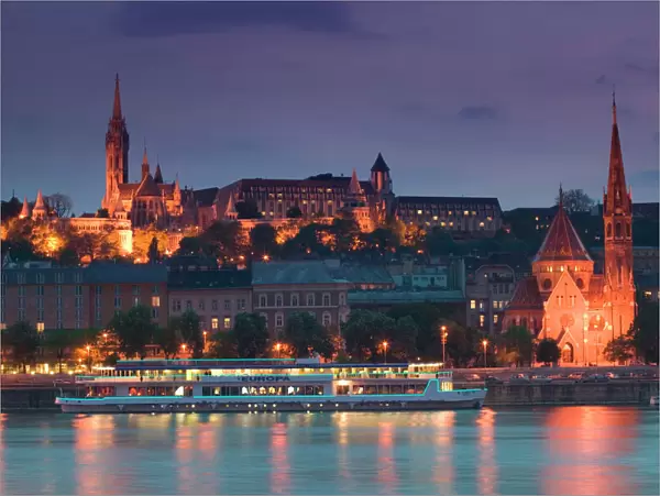 HUNGARY, Budapest: Castle Hill, Calvinist Church & Danube River  /  Evening