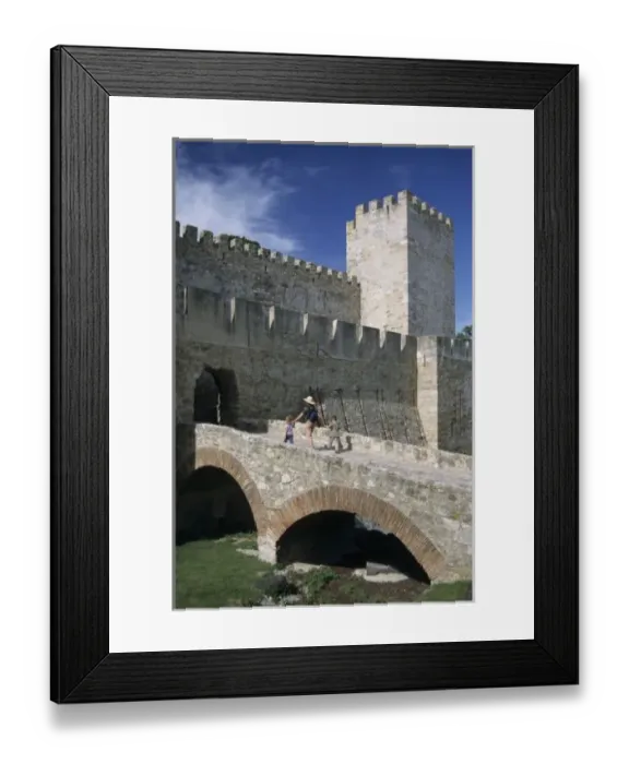 Framed Print : Portugal, Lisbon, Mother and children cross over moat to Castelo (castle) de Sao Jorge