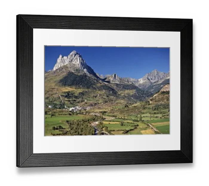 Framed Print : Europe, Spain, Sallent de Gallego. A small village nestles at the foot of these jagged