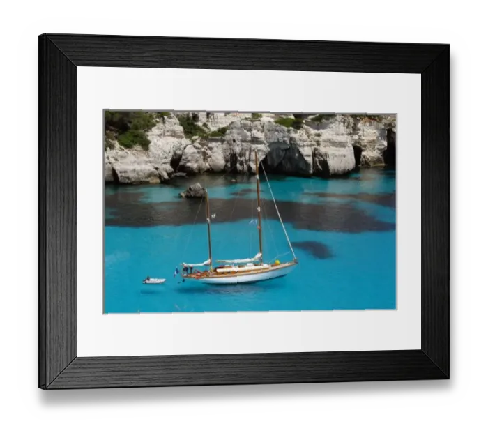 Framed Print : Sailboat. Balearic Islands. Menorca Island. Cala Macarella. Landscape coast. South island Framed Print : Sailboat. Balearic Islands. Menorca Island. Cala Macarella. Landscape coast. South island