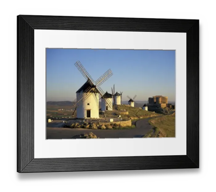 Framed Print : EU, Spain, La Mancha, Consuegra. Windmills and castle in the background Framed Print : EU, Spain, La Mancha, Consuegra. Windmills and castle in the background