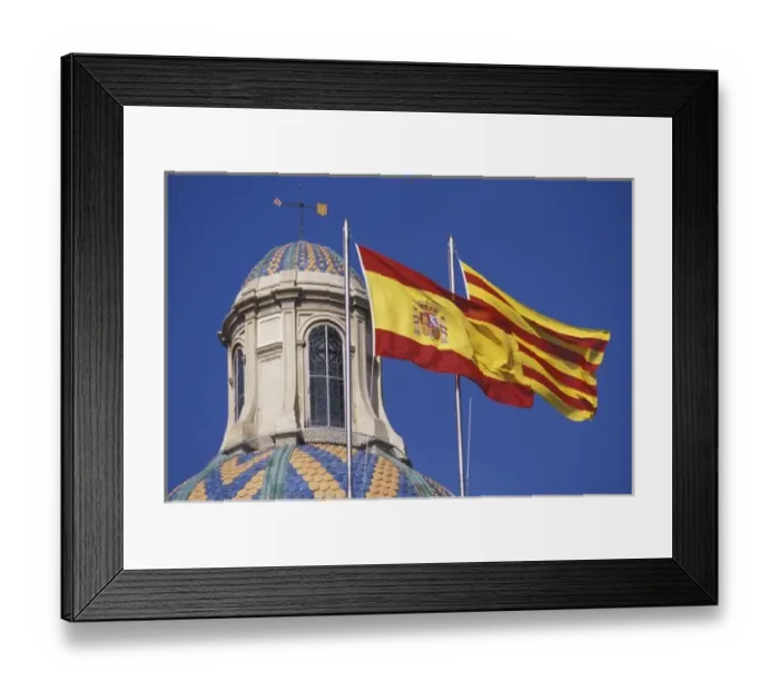 Framed Print : EU, Spain, Catalonia, Palau de la Generalitat. Flags of Spain and Catalonia