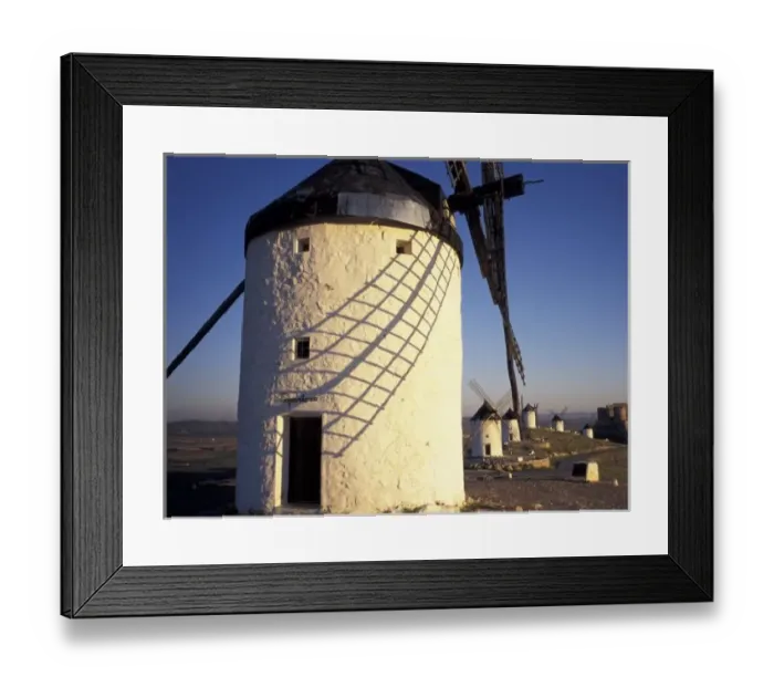 Framed Print : EU, Spain, Consuegro, La Mancha. Windmills and castle in the distance Framed Print : EU, Spain, Consuegro, La Mancha. Windmills and castle in the distance