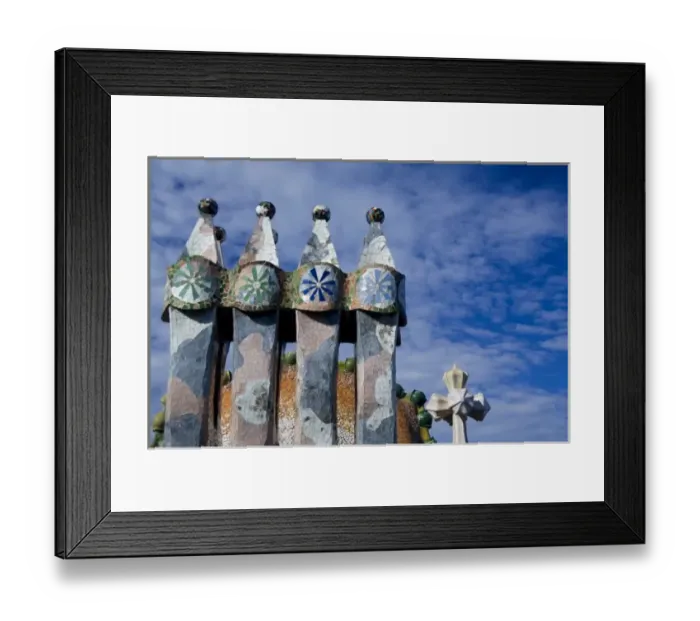 Framed Print : Spain, Catalonia, Barcelona. Casa Batllo (1906). Views of typical Gaudi chimney sturctures