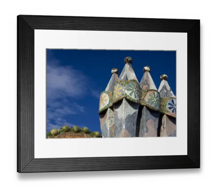 Framed Print : Spain, Catalonia, Barcelona. Casa Batllo (1906). Views of typical Gaudi chimney sturctures