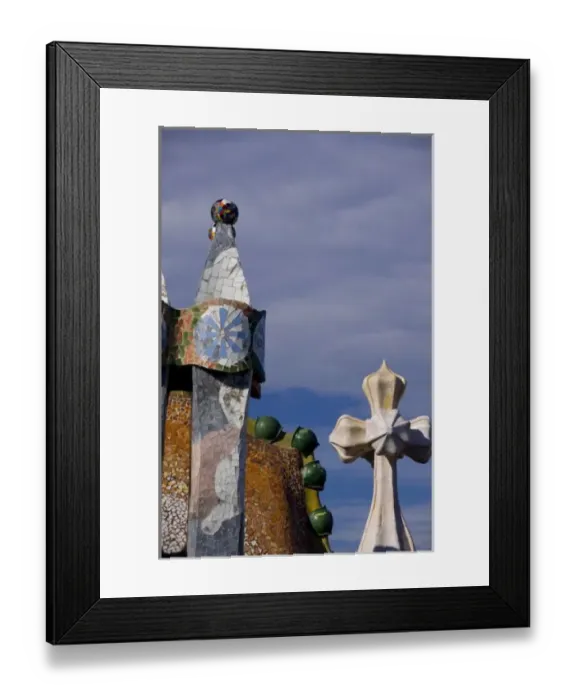 Framed Print : Spain, Catalonia, Barcelona. Casa Batllo (1906). Views of typical Gaudi chimney sturctures