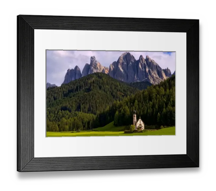 Framed Print : Beautiful isolated lonely church called Rainui in valley in the Italian Dolomites Framed Print : Beautiful isolated lonely church called Rainui in valley in the Italian Dolomites