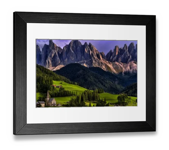 Framed Print : Beautiful isolated lonely church St Maddalena and village in valley in the Italian Framed Print : Beautiful isolated lonely church St Maddalena and village in valley in the Italian