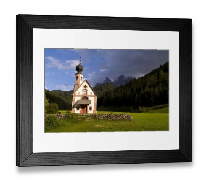 Framed Print : Beautiful isolated lonely church called Rainui in valley in the Italian Dolomites Framed Print : Beautiful isolated lonely church called Rainui in valley in the Italian Dolomites