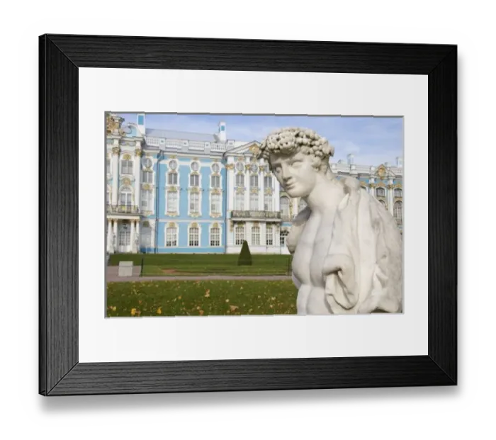 Framed Print : Russia, St. Petersburg, Pushkin, Catherines Palace, statue in garden, South side exterior