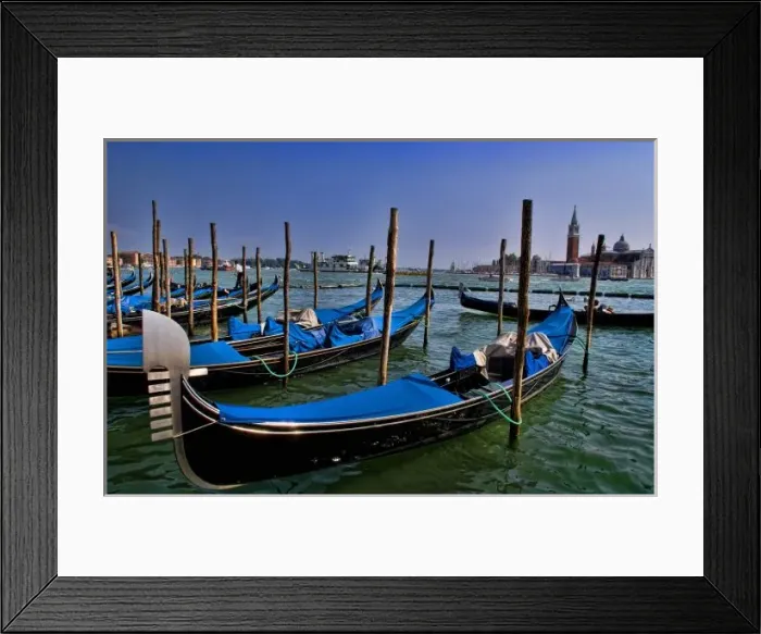 Framed Print : Grand Canal water with gondalo boats lined up for use in romantic city of Venice Framed Print : Grand Canal water with gondalo boats lined up for use in romantic city of Venice
