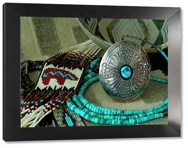 Southwest, American Indian art & handicrafts. Navajo blanket, beadwork, turquoise necklace