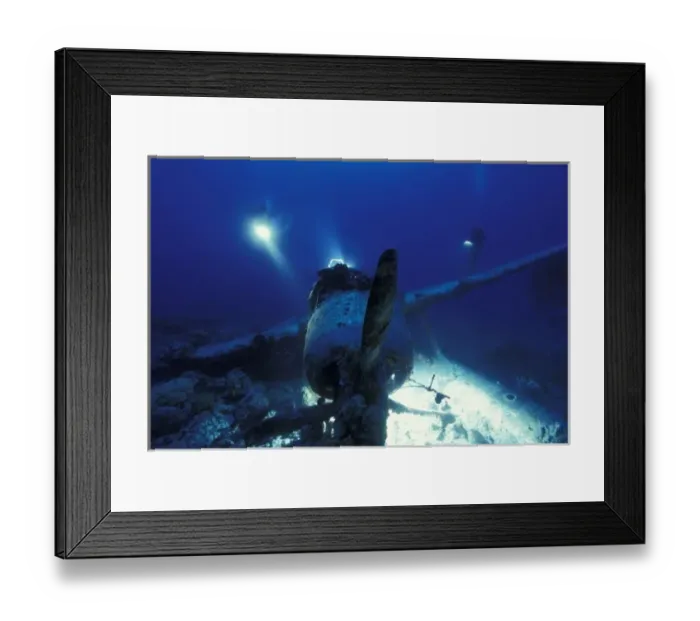 Framed Print : Micronesia, Palau, World Heritage Site. Divers inspecting WWII Japanese Jake Seaplane