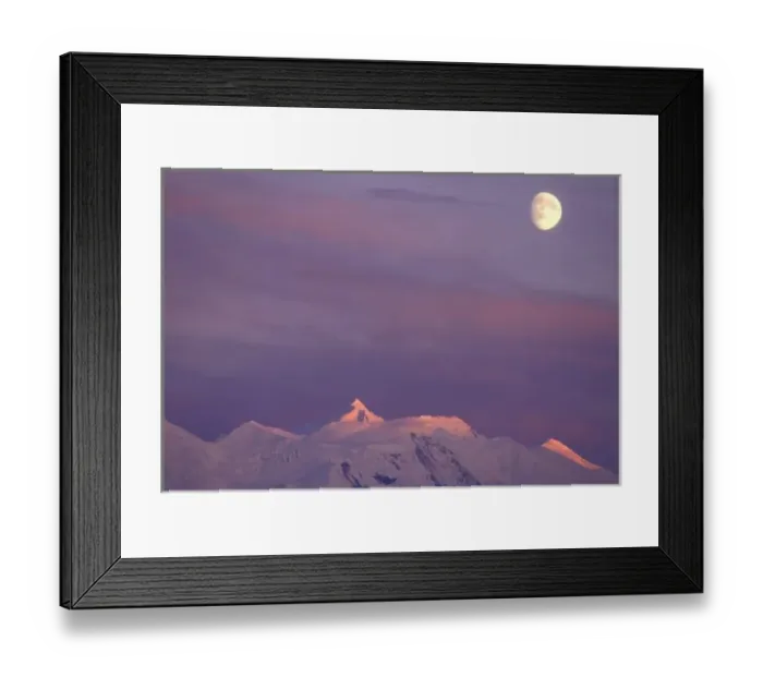 Framed Print : USA, Alaska, Denali NP. Moon over the alpenglow-lit summit of Mt Silverthrone in the Alaska Range