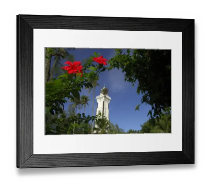 Framed Print : South Pacific, French Polynesia, Tahiti. Hibiscus in front of Venus Point Lighthouse