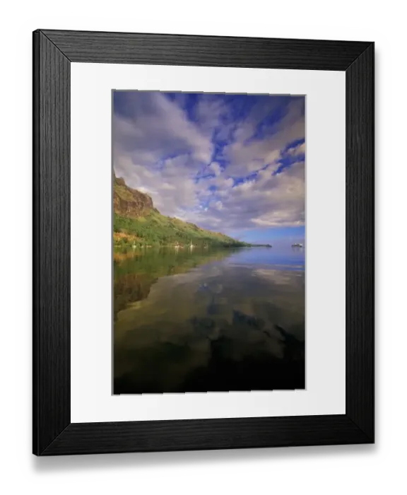 Framed Print : French Polynesia, Moorea. Cooks Bay. Cruise ship Paul Gaugin and bay reflection