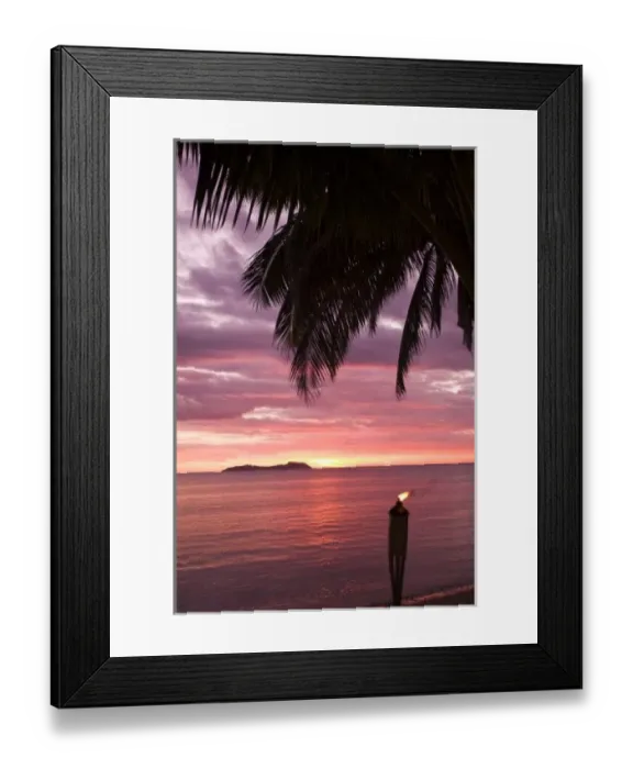 Framed Print : Stunning tropical sunset shinging through foliage. Beqa Island, Fiji Framed Print : Stunning tropical sunset shinging through foliage. Beqa Island, Fiji