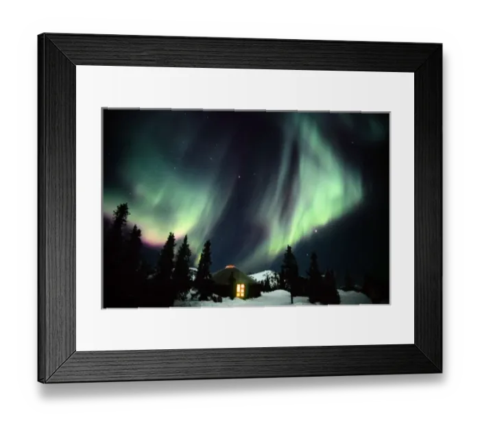 Framed Print : USA, Alaska, Chena Hot Springs. Aurora Borealis in the night sky above a yurt