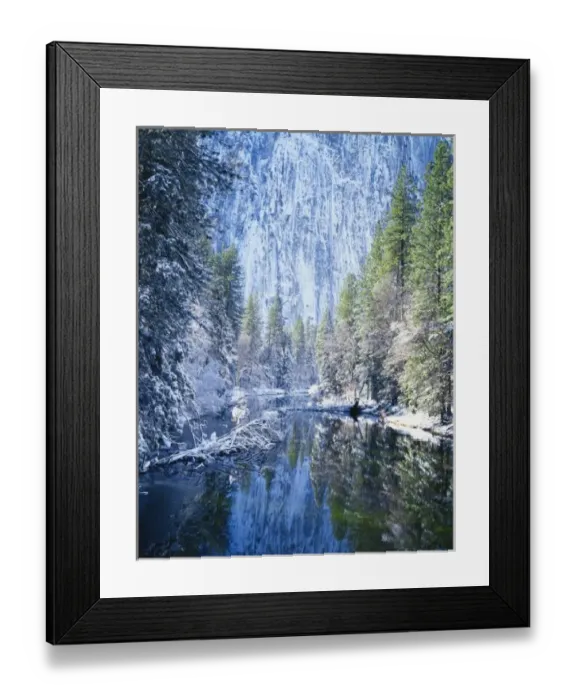 Framed Print : USA, California, Yosemite National Park, Yosemite Valley, Snow covered trees along Framed Print : USA, California, Yosemite National Park, Yosemite Valley, Snow covered trees along