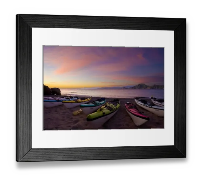 Framed Print : Mexico, Baja, Sea of Cortez. Sea kayaks and sunrise, Isla Carmen Framed Print : Mexico, Baja, Sea of Cortez. Sea kayaks and sunrise, Isla Carmen