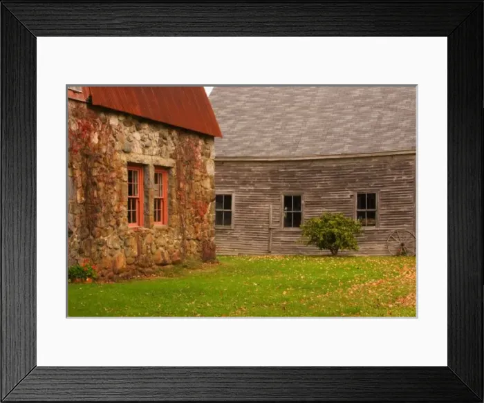 Framed Print : Maine, Old stone building and wooden barn in fall in rural New England