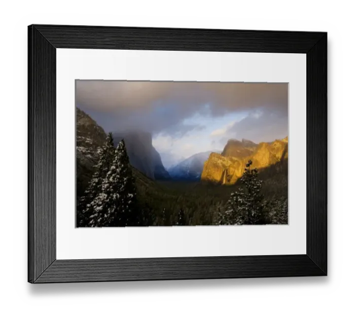 Framed Print : Golden light paints Yosemite Valleys Bridalveil Fall at sunset - Yosemite National Park