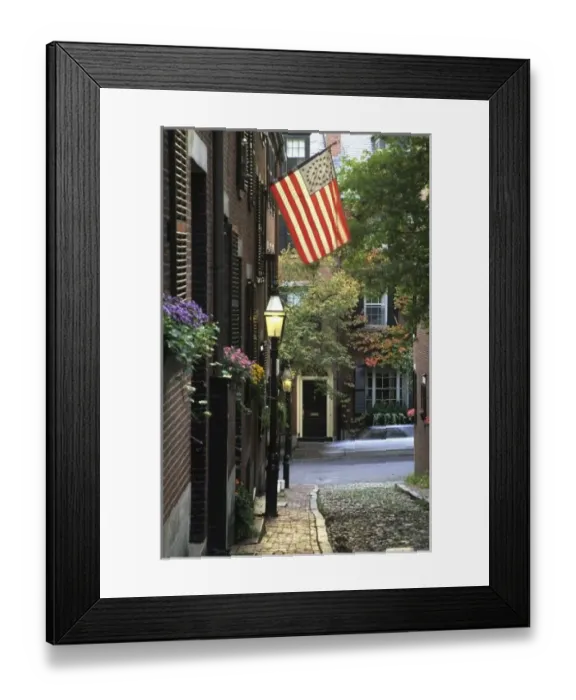 Framed Print : USA, Massachusetts, Boston, Beacon Hill. Cobblestone street and historic homes Framed Print : USA, Massachusetts, Boston, Beacon Hill. Cobblestone street and historic homes