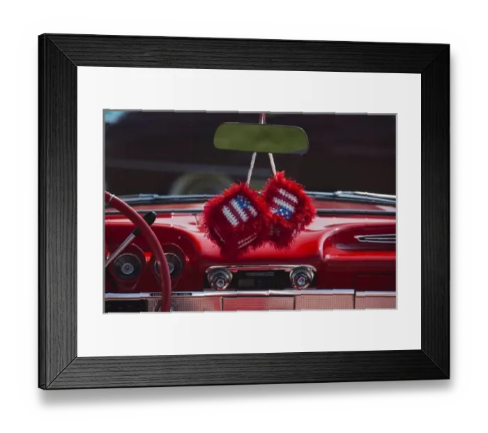 Framed Print : USA, Massachusetts, Gloucester. Fuzzy dice with US flag in 1950s-era convertible, antique car show Framed Print : USA, Massachusetts, Gloucester. Fuzzy dice with US flag in 1950s-era convertible, antique car show