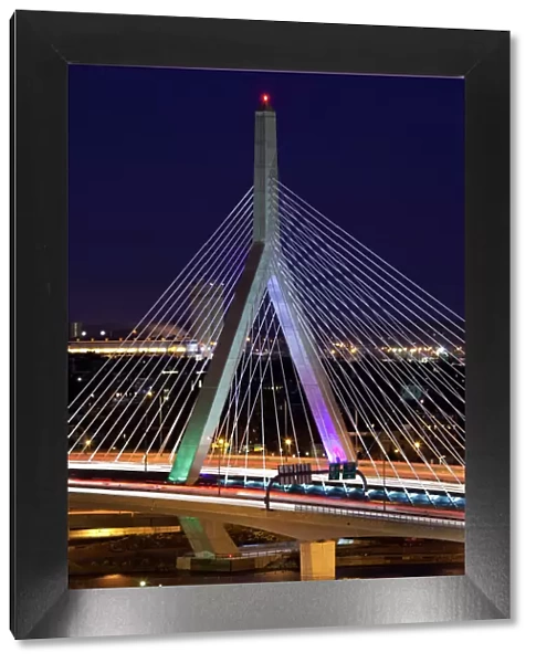 USA, Massachusetts, Boston. Leonard Zakim Bridge, Rt. 93, dusk