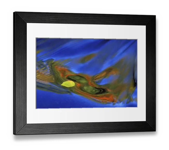 Framed Print : USA, Michigan, Upper Peninsula, birch leaf in river current with autumn and sky reflections