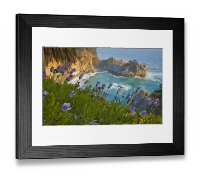 Framed Print : Scenic McWay Falls tumbles into the beach and the Pacific Ocean at Julia Pfeiffer