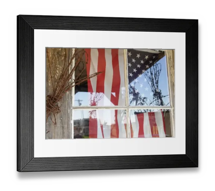 Framed Print : USA, Oregon, Shaniko. Flag in window next to coil of barbed wire. Credit as: Nancy Framed Print : USA, Oregon, Shaniko. Flag in window next to coil of barbed wire. Credit as: Nancy