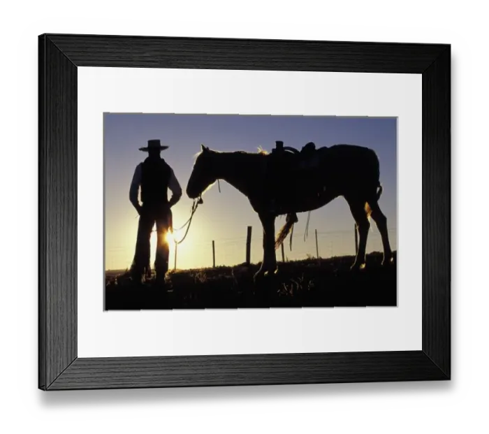 Framed Print : N. A. USA, Oregon, Seneca, Ponderosa Ranch, Cowboy and horse sillouette (MR) Framed Print : N. A. USA, Oregon, Seneca, Ponderosa Ranch, Cowboy and horse sillouette (MR)