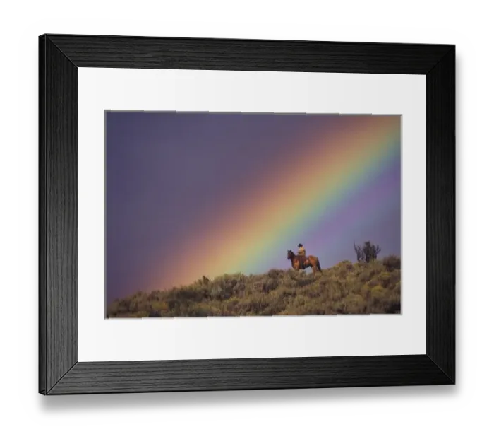 Framed Print : NA, USA, Oregon, Seneca, Ponderosa Ranch, Rainbow and cowboy