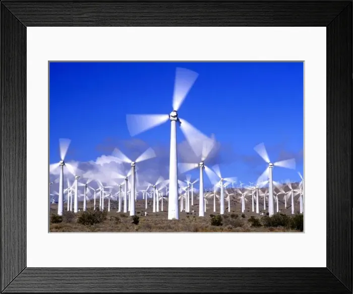 Framed Print : USA, California, Mojave. View of a wind turbine farm in action
