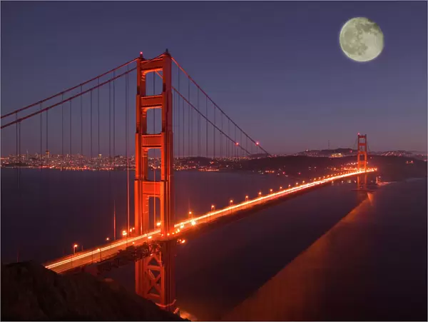 USA, California, Marin. Moonrise above the Golden Gate Bridge and San Francisco