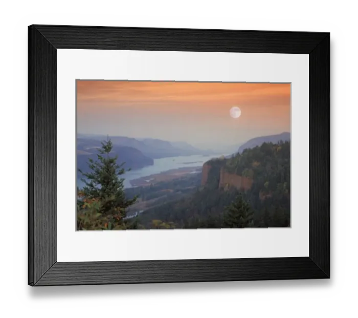 Framed Print : The moon hangs in the sky above the Vista House, high on Crown Point as sunset falls Framed Print : The moon hangs in the sky above the Vista House, high on Crown Point as sunset falls